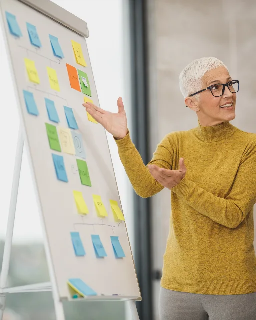 Team mapping a project roadmap on a sticky-note board